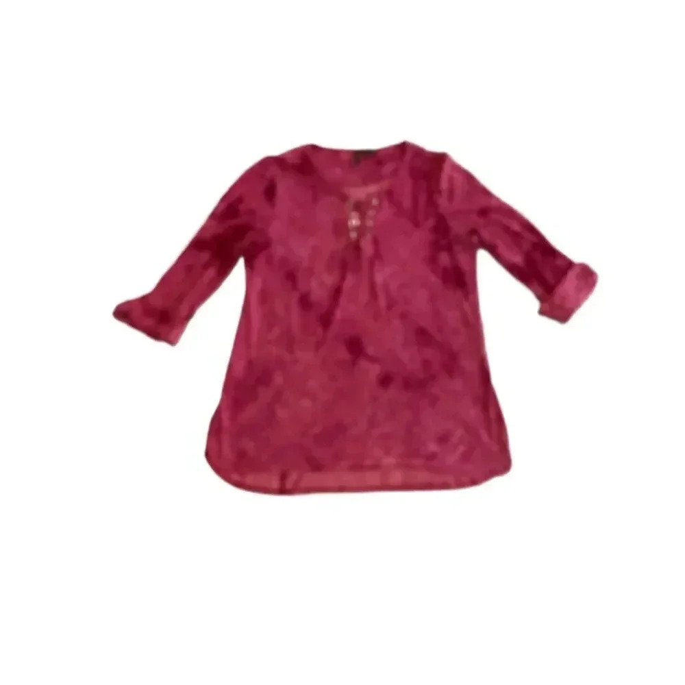 New Directions Pink Embroidered Blouse Round Neck 3/4 Sleeve Casual Womens Large